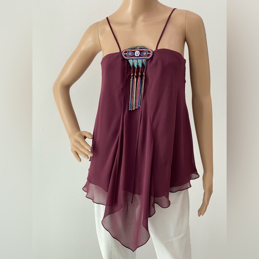 Stunning 100% Silk, Southwest, Asymmetrical Beaded-Embellished Top, Size S
